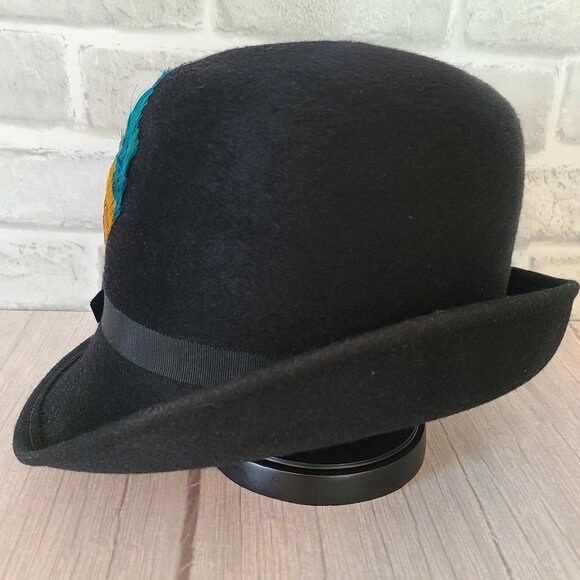 Vintage Henry Pollak Wool Hat New York Melange Feathers Soleil Soie Black main image 8